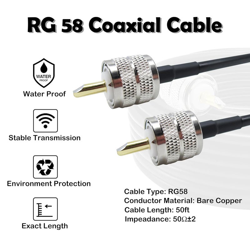 Rydocyee CB Coax Cable 50 Feet Solid Copper, UHF Male PL-259 to UHF Male PL-259 Low Loss, RG58 Coaxial Cable 50 Ohm Coax for CB Radio, Ham Radio, SWR Meter, Police Scanner, Antenna Tuner (50FT) - Image 2